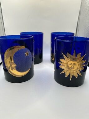 Vintage MCM Culver Celestial Cobalt Blue Glass Sun Moon Stars NIB